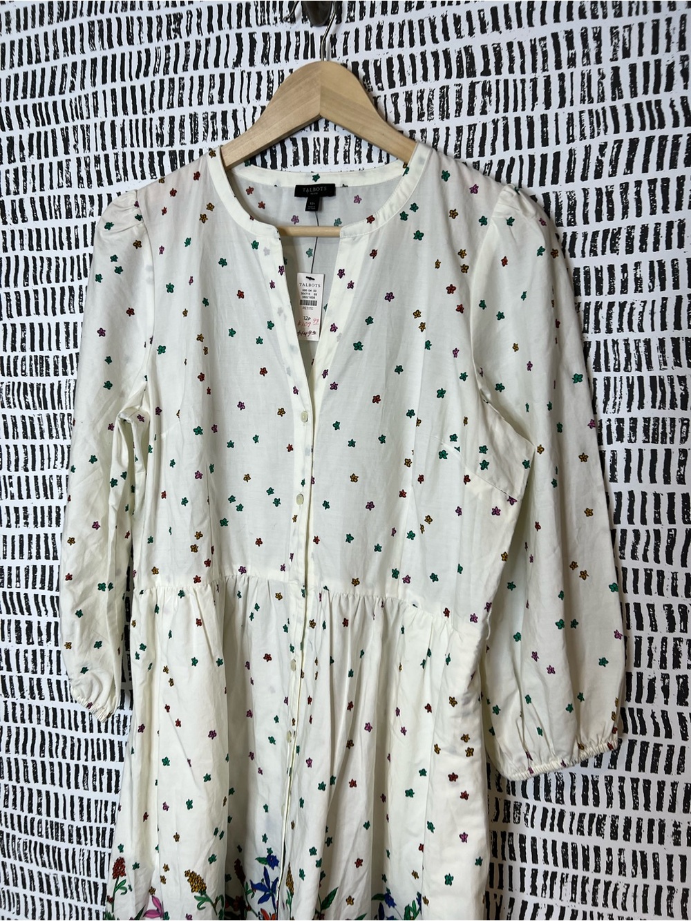 Talbots Floral Border Print Midi Dress White Cottagecore Tie Waist Dress - Picture 9 of 14